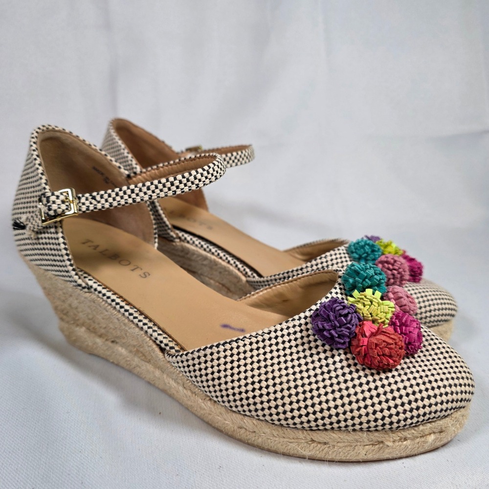 Talbots Lyndsay D'Orsay Cotton Espadrille Wedges Womens 7‎ Colorful Pom Pom